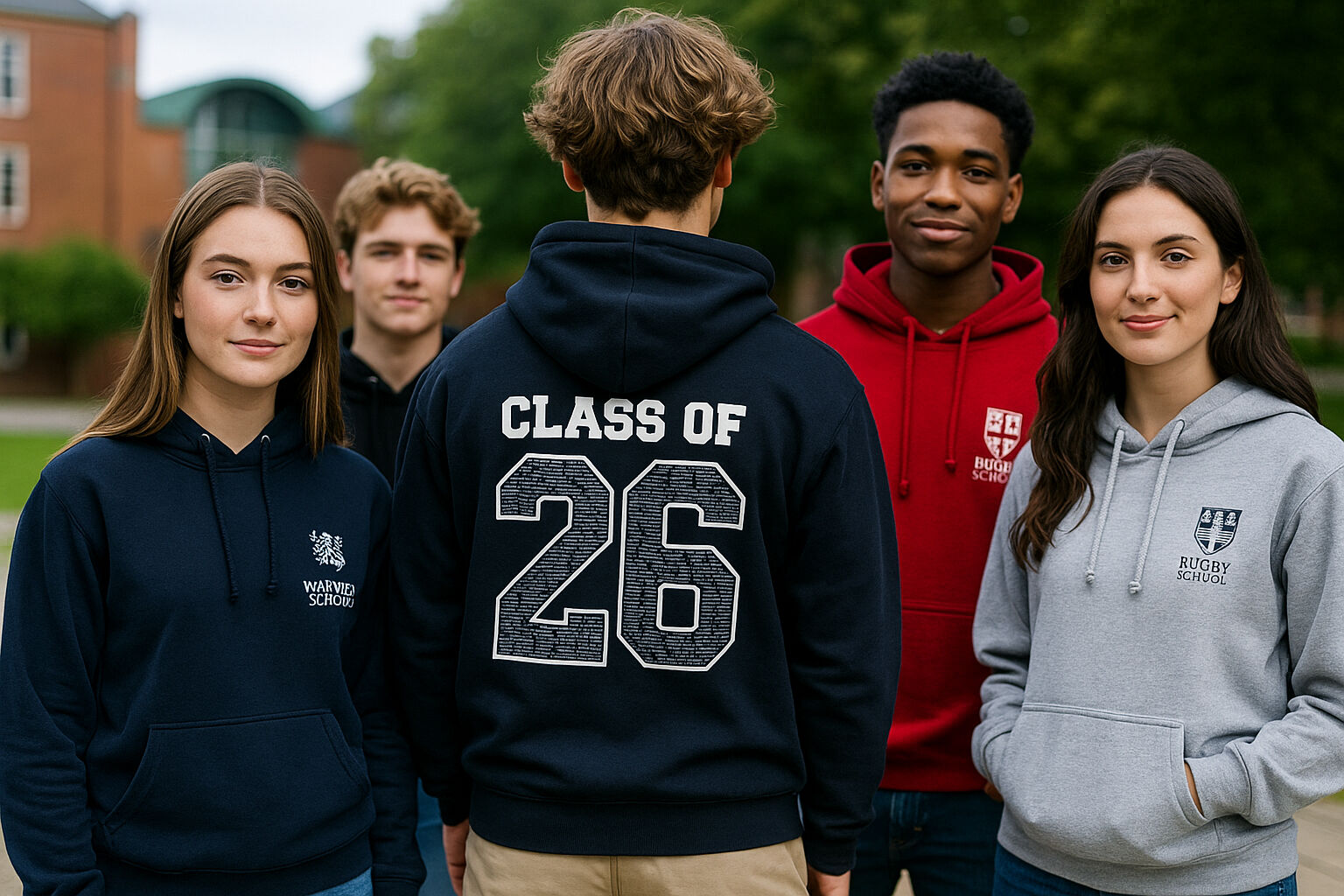 Students wearing custom leavers hoodies with Class of 26 design