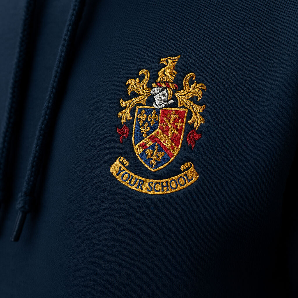 Close-up of embroidered school crest on navy leavers hoodie