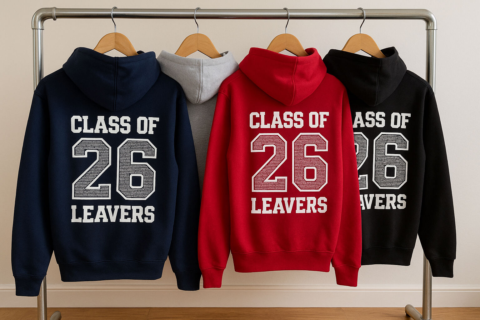 Row of leavers hoodies in navy, grey, red and black with Class of 26 Leavers print